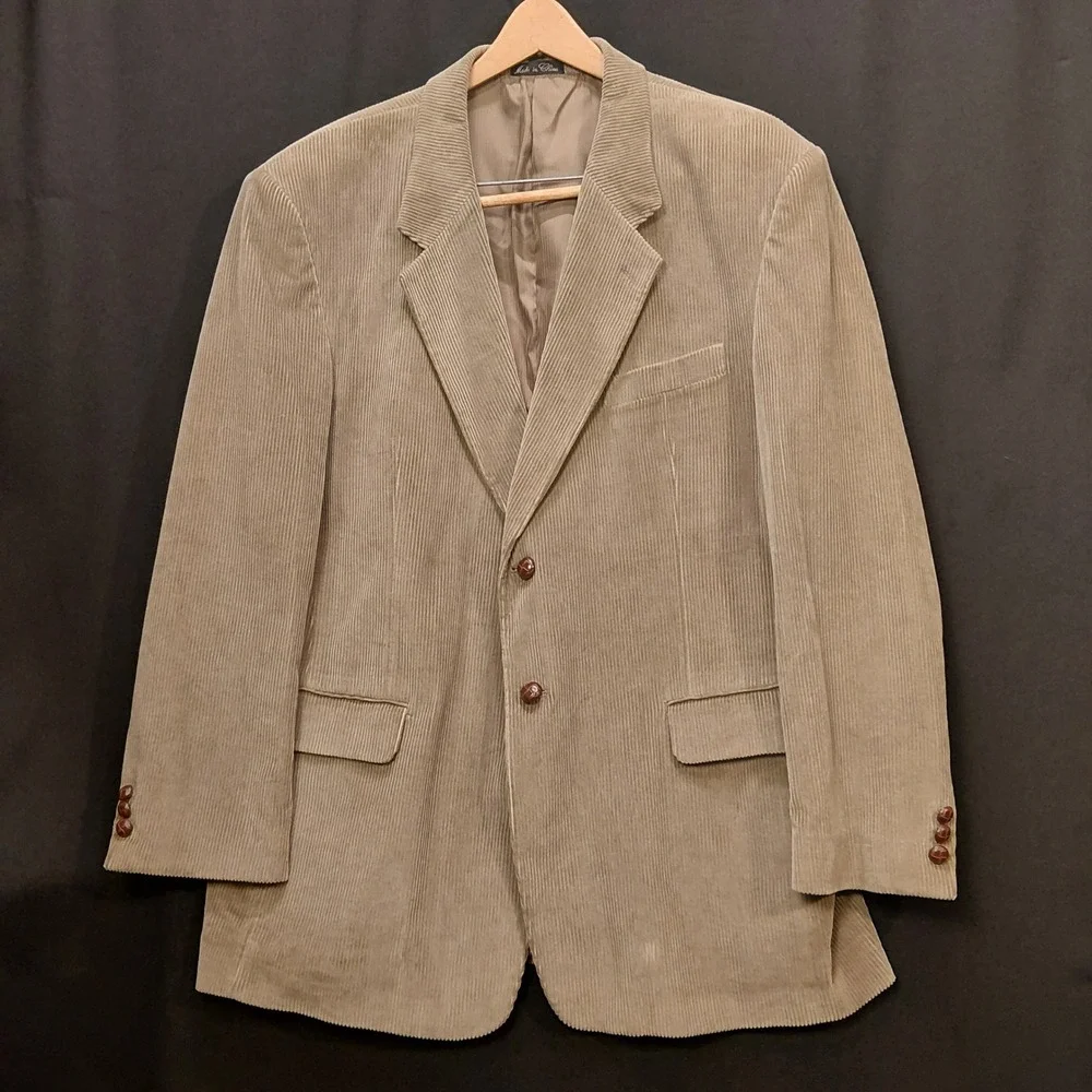 Monsieur Adolfo Mens Tan Corduroy Blazer Sport Coat 44R Cotton Two Button Khaki